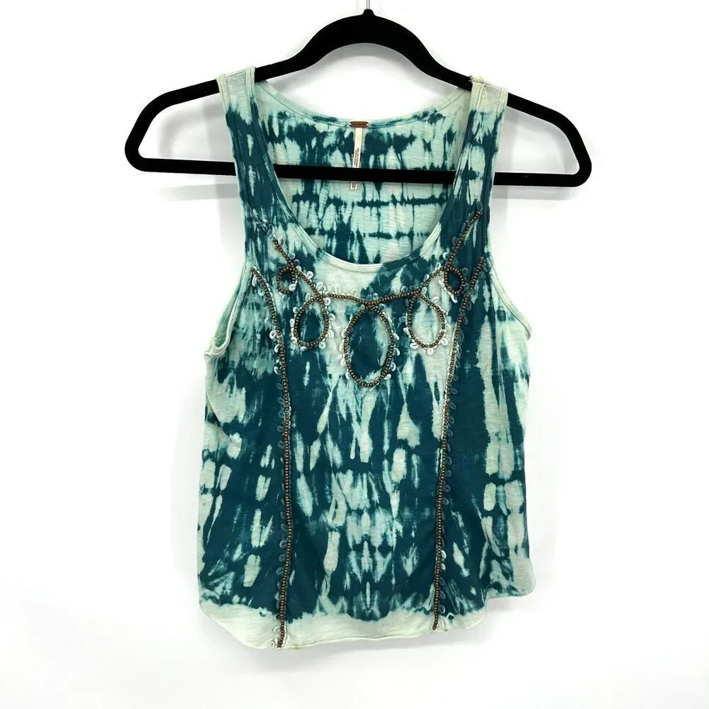 FREE PEOPLE Blue Green Tie Dye Y2K Scoop Neck Beaded Boho Tank Top Size XS